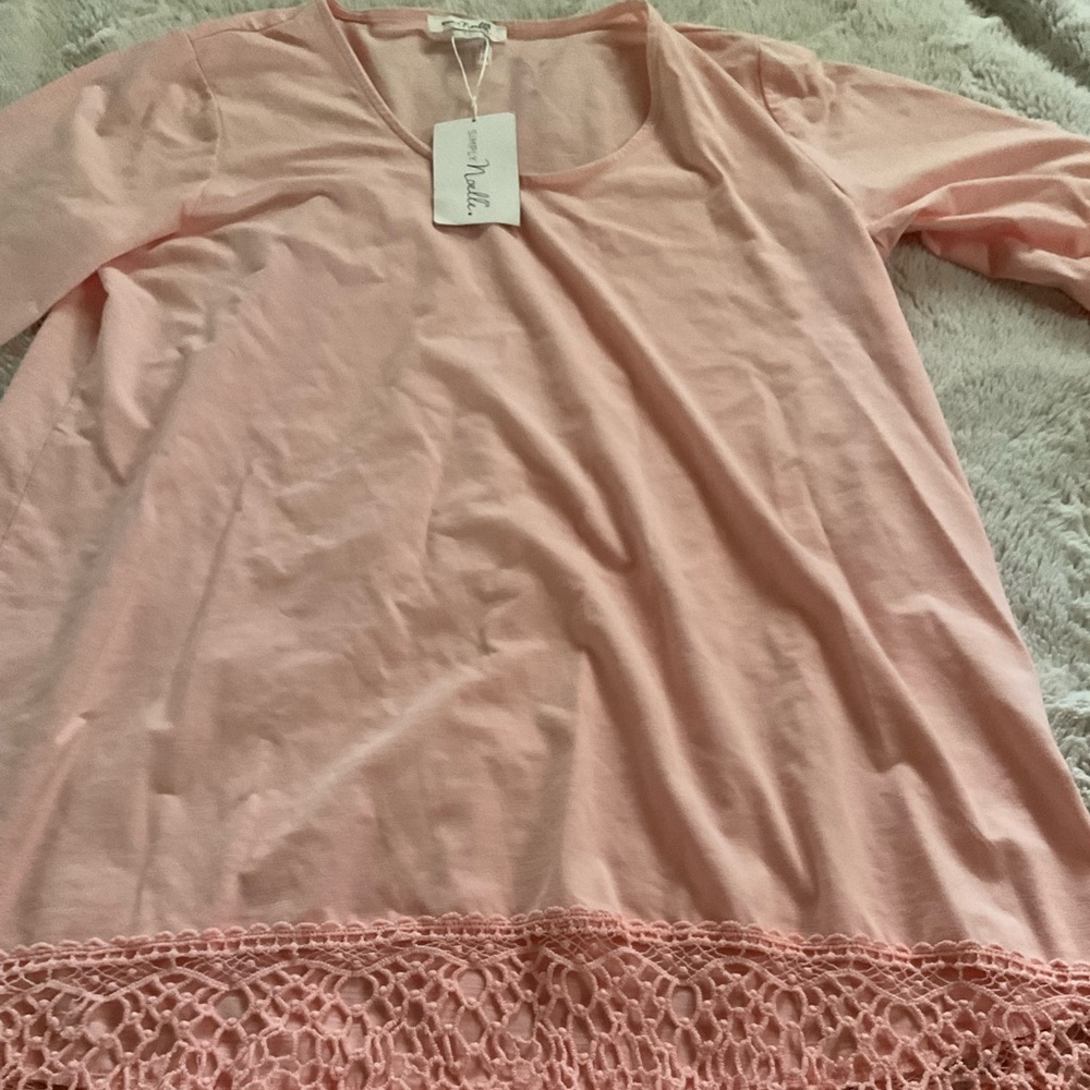 Simply Noelle Pink Crochet Hem Tunic Tee Top